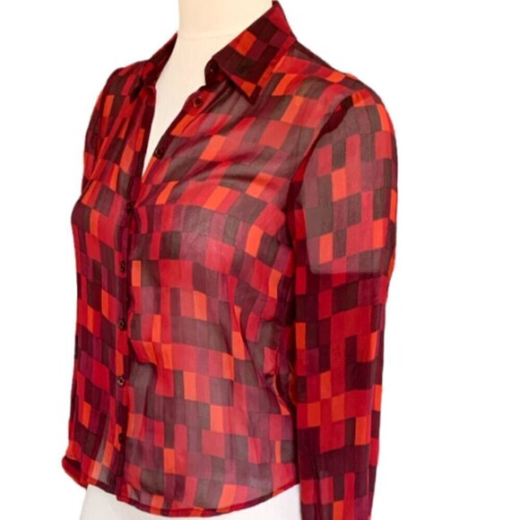 Jones New York Sheer Silk Button Up Blouse Sz 6 Burgundy Multicolor #27M - Picture 4 of 8